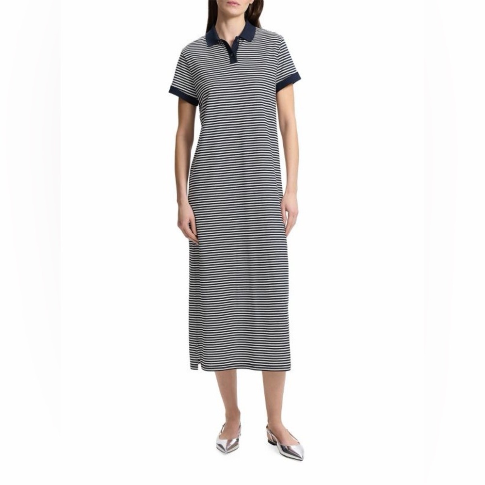 Theory Striped Jersey Polo Midi-Dress Large Navy